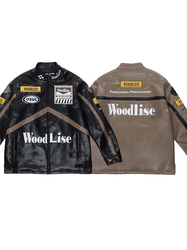 High Street American Biker Style Letters Embroidered Color Blocking PU Leather Jacket Men And Women