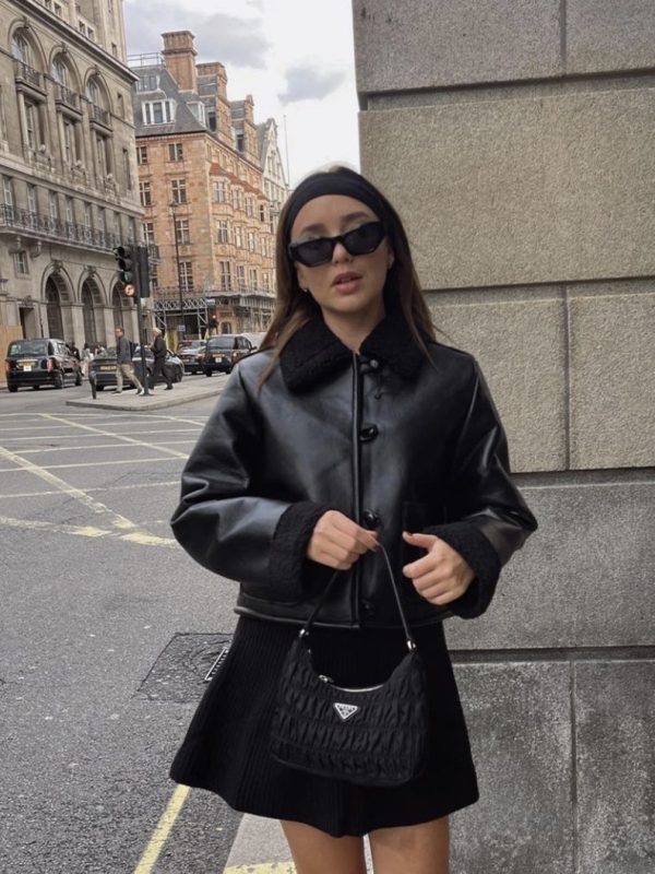 Black Leather Coat Jacket Short Plush High Fashion Winter Women