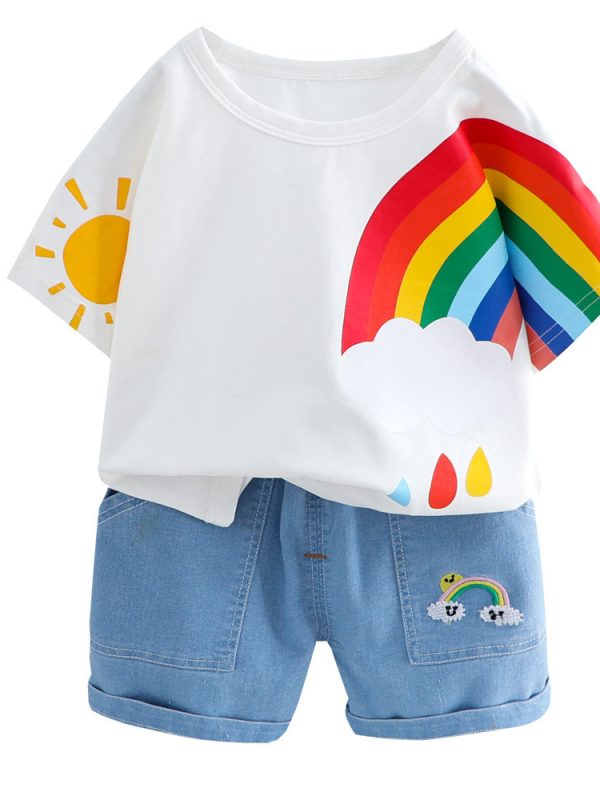 بنطلونات قصيرة الأكمام من الدنيم بخمسة أزرار للبنين والبنات بدلة بنطلونات قصيرة الأكمام من القطن