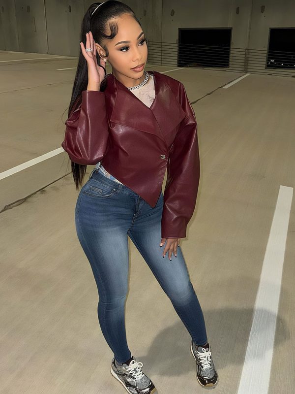 PU Leather Solid Color Casual Coat For Women