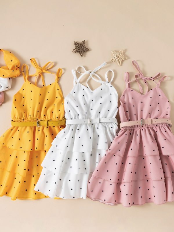 فستان أطفال سادة منقط بحزام