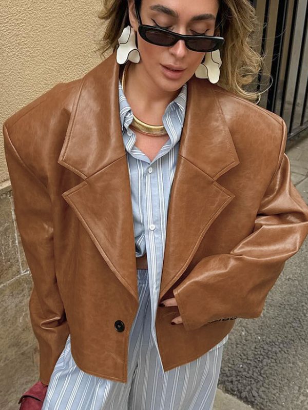 Suit Collar PU Leather Jacket Coat For Women