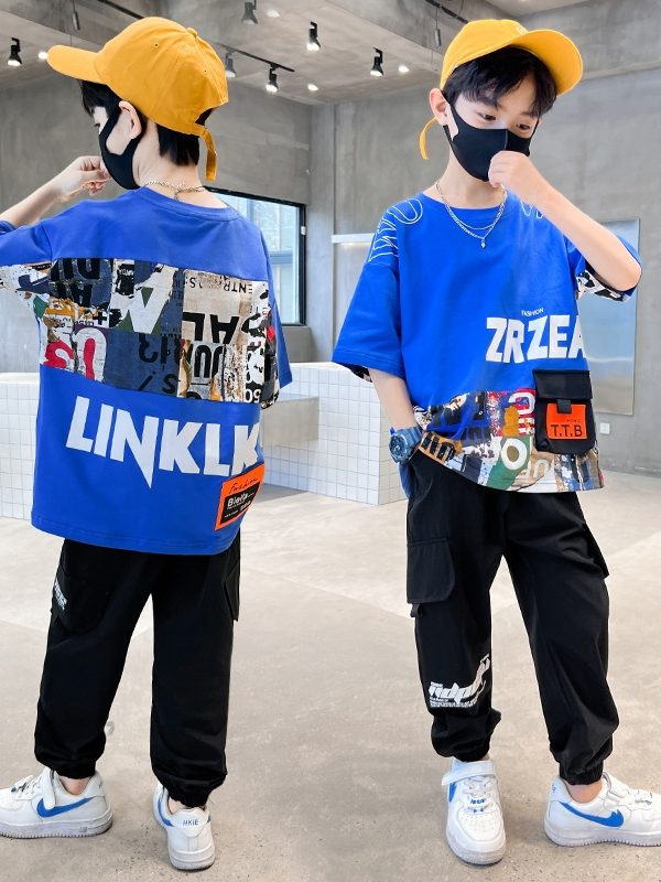 ملابس أطفال بدلة صيفية قصيرة الأكمام على الطراز الغربي للأولاد