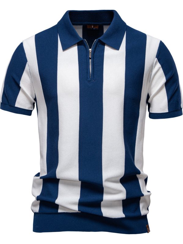 قميص بولو صوفي بأكمام قصيرة وياقة دائرية للرجال