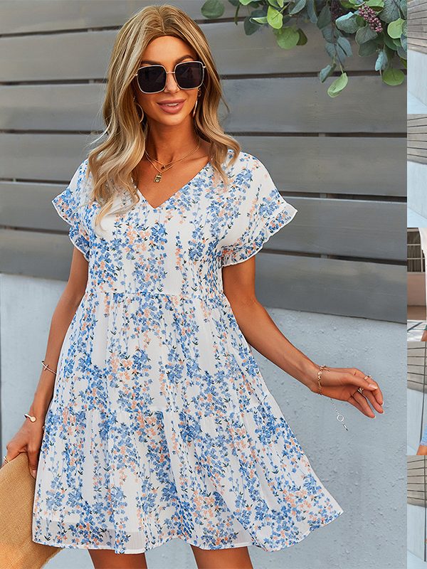 Flowers Print Short-sleeved Dress Summer Loose Chiffon A-line Dresses Fashion Casual Holiday Beach Dress For Womens Clothing