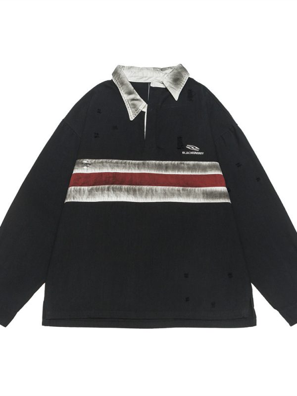 Color Contrast Patchwork Long Sleeve Polo Shirt Men