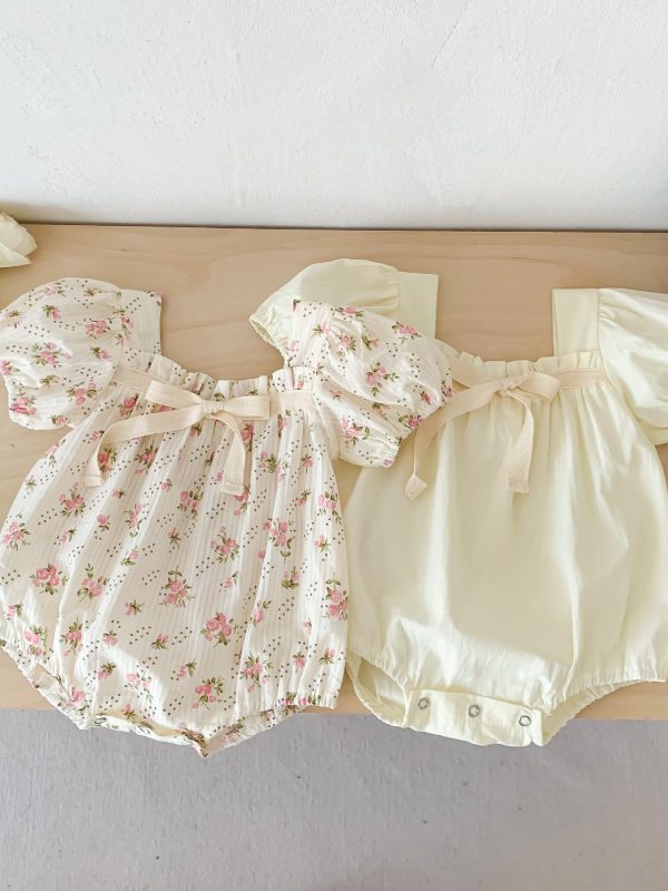 Small Floral Bow Baby Girl Bubble Sleeve Harness Crawl Clothes