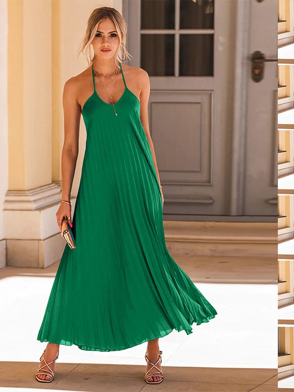 Fashion A-line Pleated Suspender Long Dress Summer Casual Loose Beach Vacation Dresses Womens Clothing