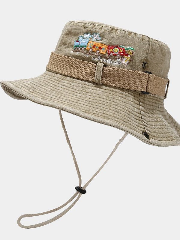 Train Embroidery Western Denim Style Washed-out Vintage All-match Sun Bucket Hat