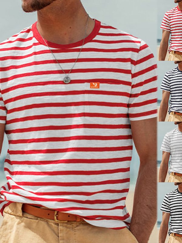 تي شيرت رجالي مخطط بأكمام قصيرة مناسب للارتداء الصيفي غير الرسمي