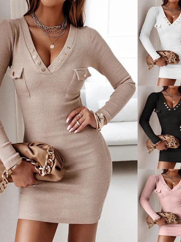 Women's Long Dresses Autumn And Winter Casual Knitted Rib Dress Long Sleeve Wrap Hip Button Waist Wrap Women's Dress