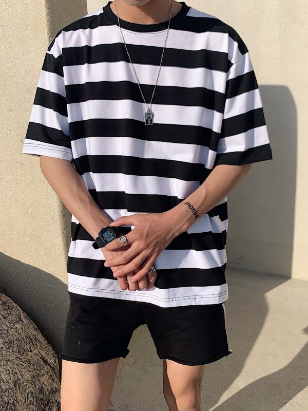 Thick striped contrast color round neck short sleeve bottoming shirt
