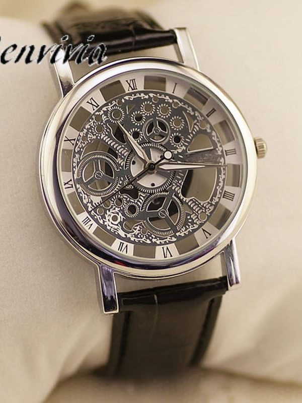 GENVIVIA High Quality Men's Luxury Hollow Stainless Leather Strap Watch