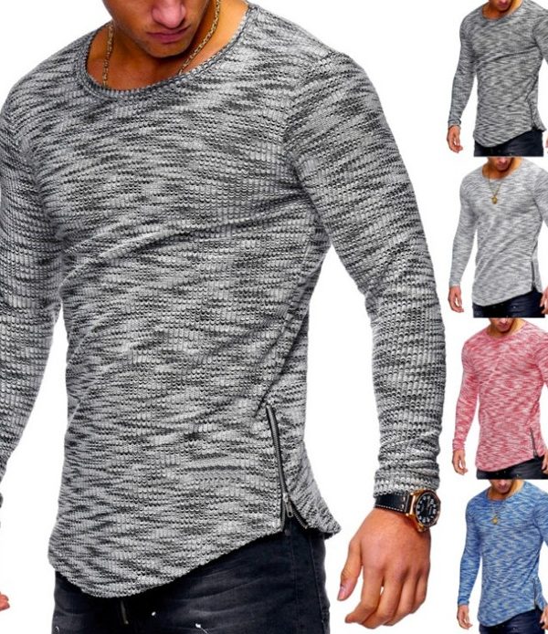Spring pattern pit strip round neck pattern zip hem T-shirt