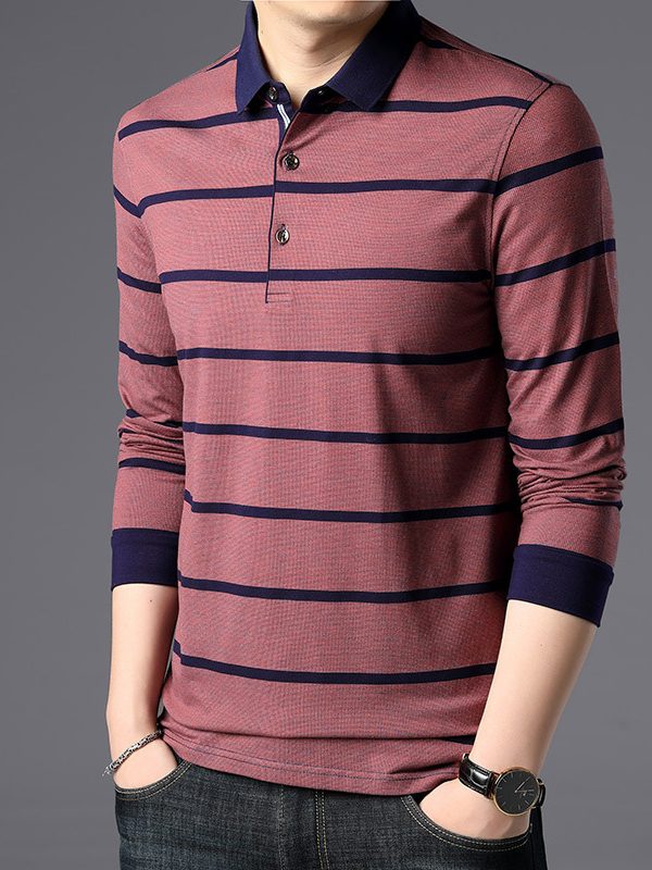Men's stripe long sleeve polo collar top