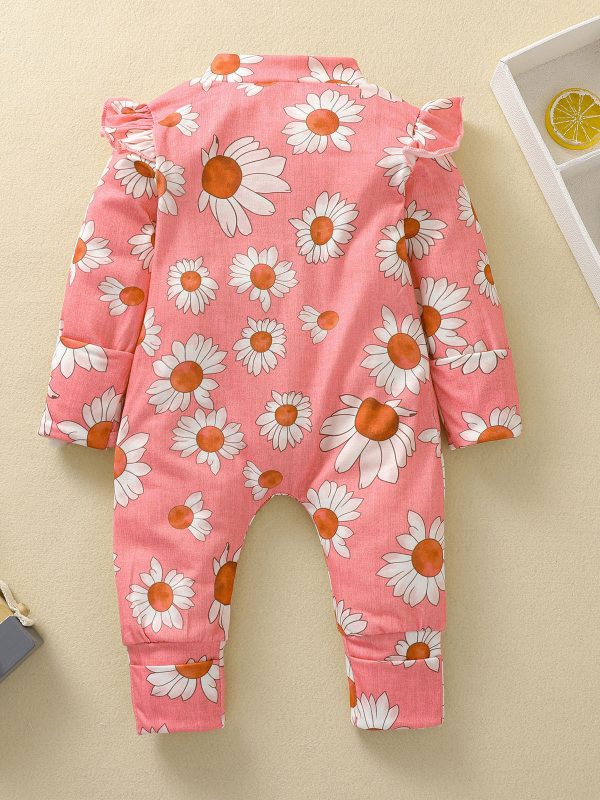 Toddler Girl Sunflower Print Romper Long Fly Sleeve Ruffle Front Hidden Zipper Jumpsuits For Newborn Spring Baby Clothes