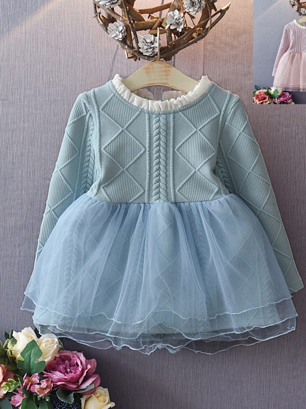 فساتين بنات بأكمام طويلة مع تنورة توتو من التول الشبكي المتصل