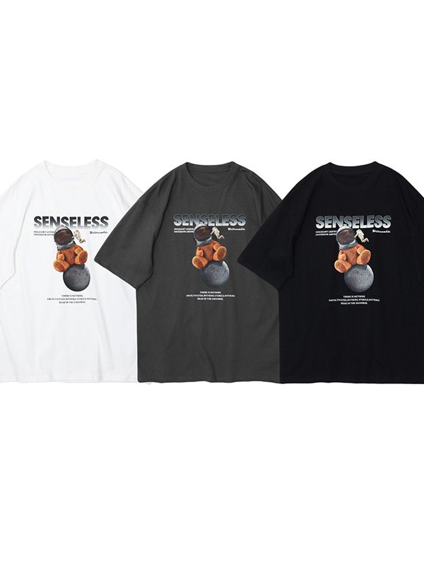 تي شيرت بأكمام قصيرة مطبوع عليه صورة دب من ماركة أزياء أوروبية وأمريكية