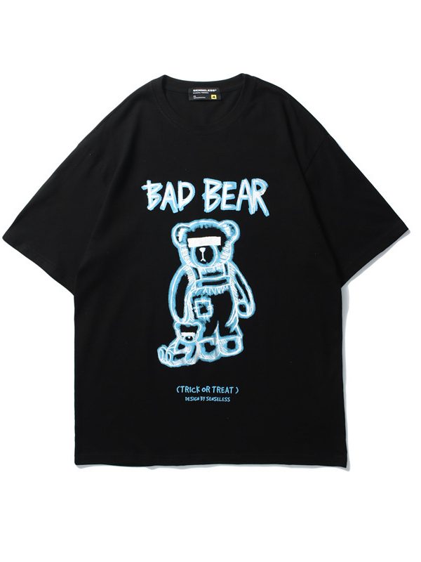 تي شيرت رجالي صيفي جديد بأكمام قصيرة ورقبة دائرية ومطبوع عليه رسمة دب جرافيتي إبداعية من ماركة تايد، تي شيرت رجالي فضفاض بأكمام قصيرة ورقبة دائرية