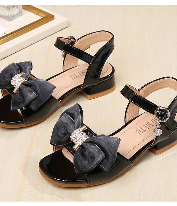 Girls' High-Heeled Sandals Summer New Bow Korean Version Of The Rhinestone Middle And Large Children's Princess Open-Toe Fashion Sandals