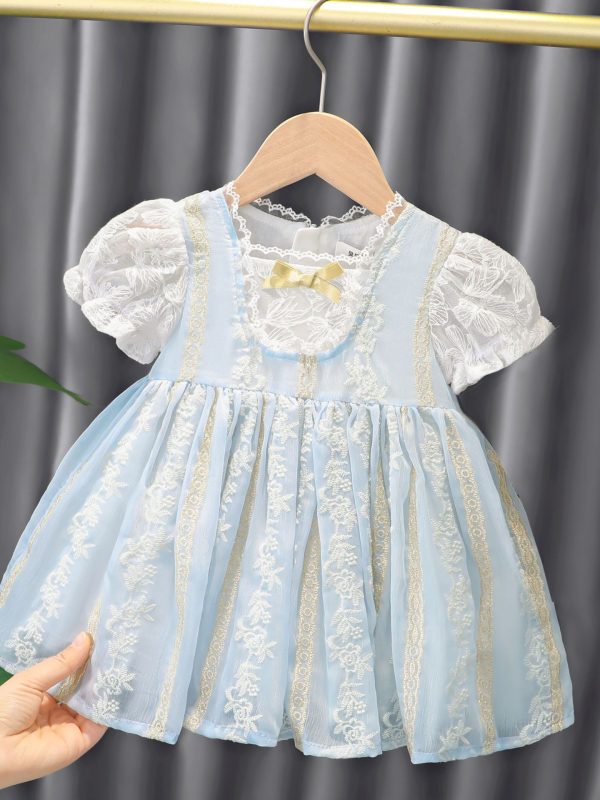 فستان صيفي شبكي جديد للأطفال، تنورة برقبة دائرية على الطراز الكوري للأميرة للبنات