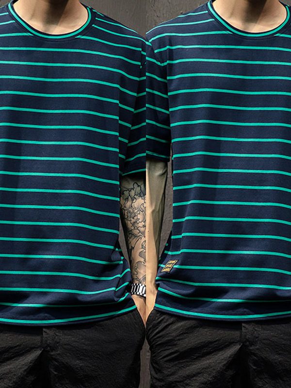 Striped Short-sleeved T-shirt Men's Bottoming Shirt Plus Size Clothes Loose Tide Ins Half Sleeve