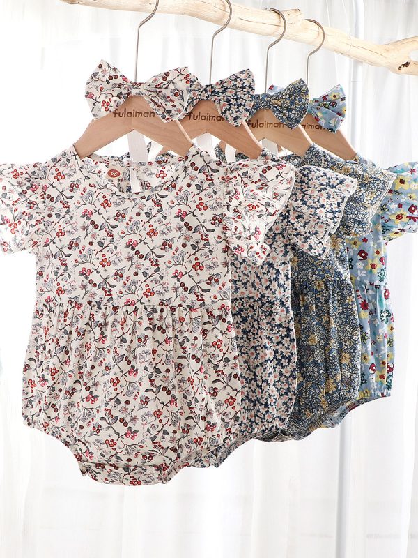 Newborn 0-3 Years Old Floral Flying Sleeve Sleeveless Triangle Crawl Baby Fart Clothes Triangle Crawl