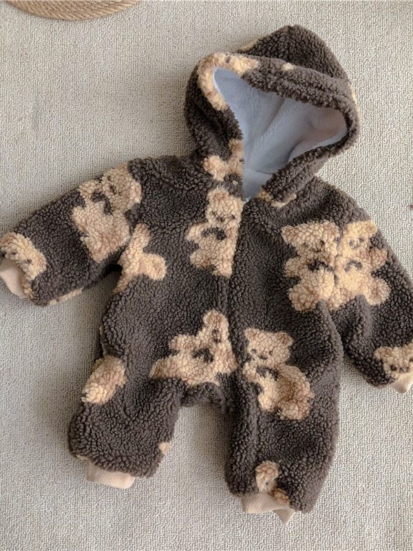 Winter Men's And Women's Baby Onesies, Cotton-padded Clothes, Cute Bears Plus Velvet, Thick Warm Jacket, Long Climbing Clothes, Outing Clothes