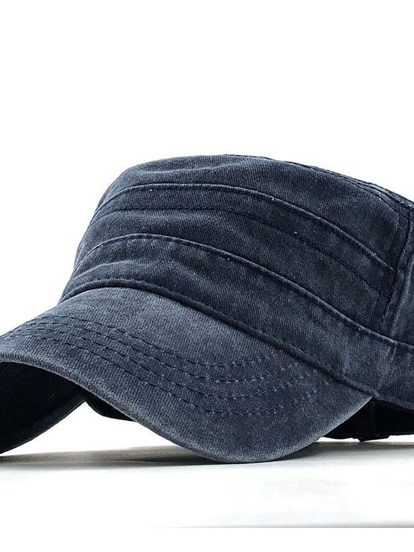 Men's Washed And Worn Cotton Monochromatic Flat Top Military Hat