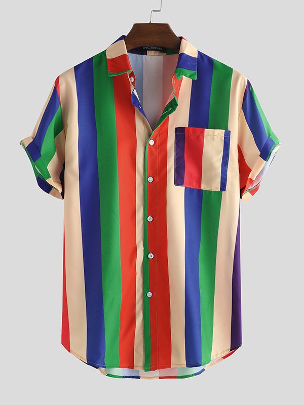 Color stripe printed shirt men's summer
