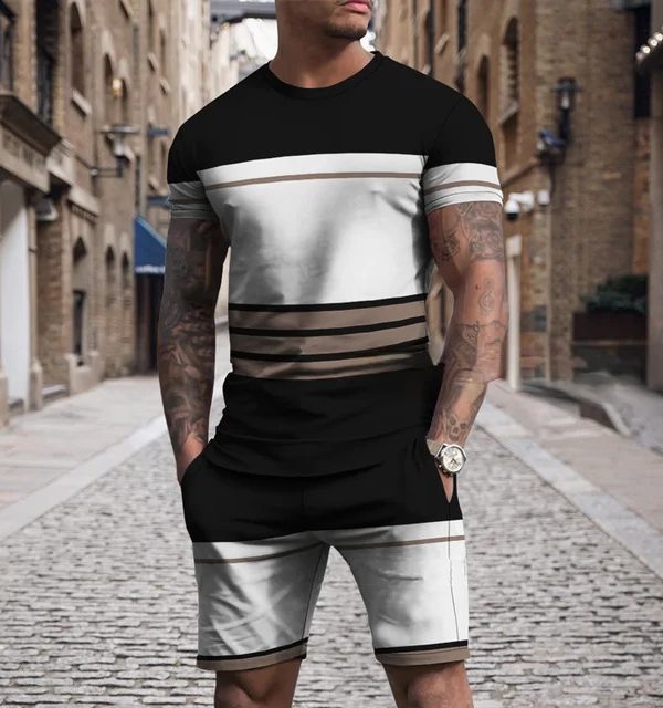 بدلة رياضية رجالية كاجوال متعددة الألوان من مادة البولي يوريثان بأكمام قصيرة ورقبة دائرية