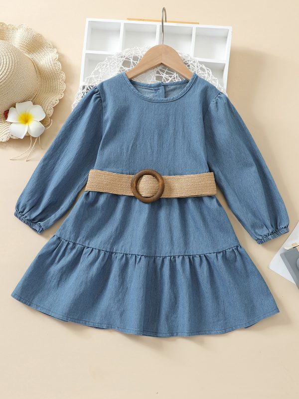 فستان أميرة جينز بأكمام طويلة مع حزام