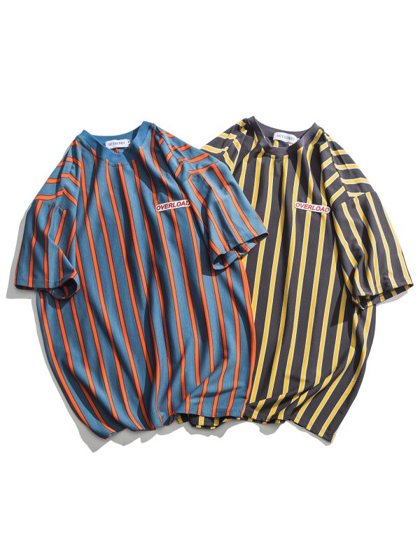 Loose vertical stripes short sleeves