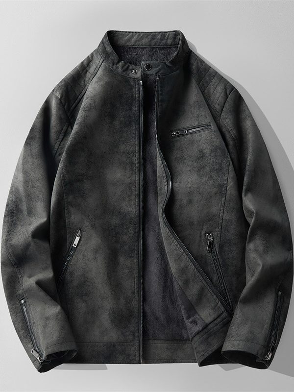 Men's Fleece-lined Slim Fit Handsome Motorcycle Clothing Stand Collar Leather Jacket