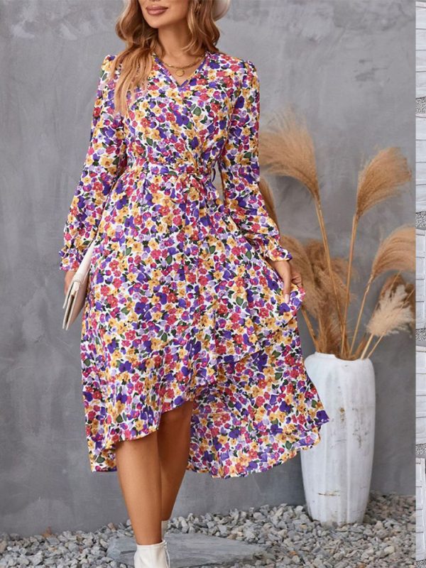 Flowers Print Long Sleeve Dress Fashion Ruffled Commuter Temperament Dresses Womens Clothing