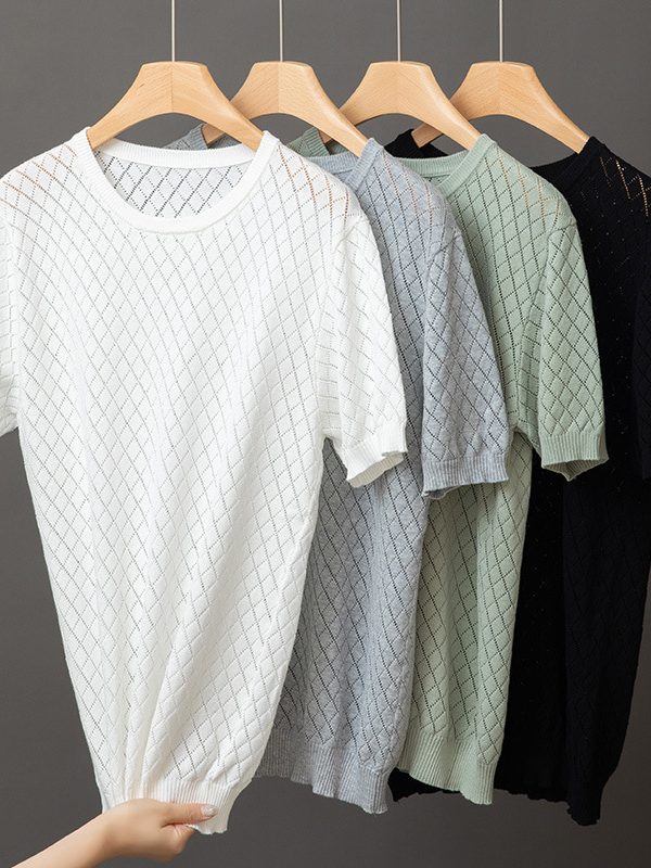 Men's Knitted Half Neck Hollow Short Sleeve Cotton T-shirt