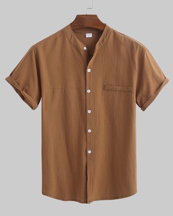 Linen Shirt Men's Short Sleeved Standing Collar