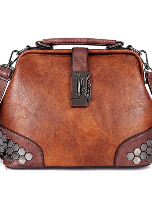 Women Handbag Leather Small Doctor Bag Women Shoulder Bag Female Crossbody Handbag Lock Chain Rivets Girls Vintage Women Bags