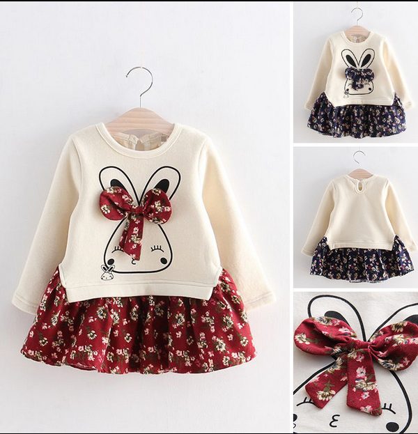 Autumn girls dress children's floral bow and velvet dress