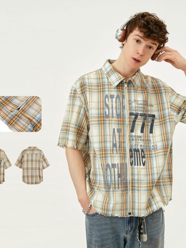 Printed Washed Tassel Short Sleeve Plaid Shirt