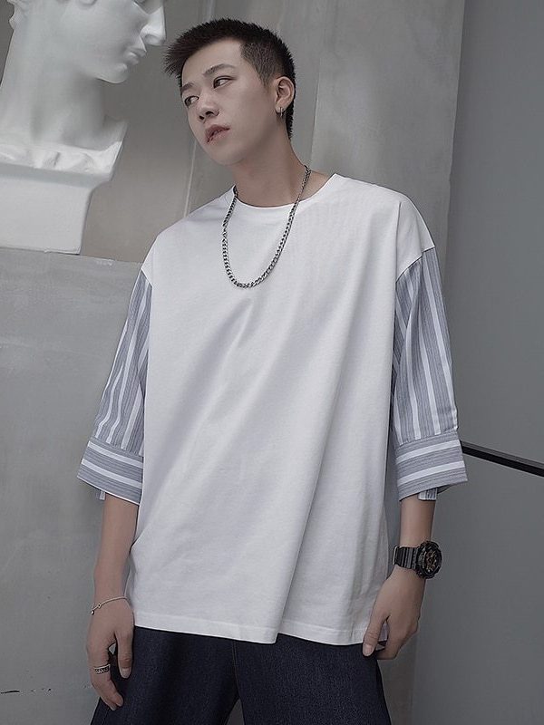Sleeve striped panel short-sleeved T-shirt