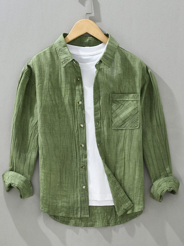 قميص شبابي فضفاض من القطن والكتان بتصميم كلاسيكي بلون سادة مع ياقة مطوية وأكمام طويلة من الكتان