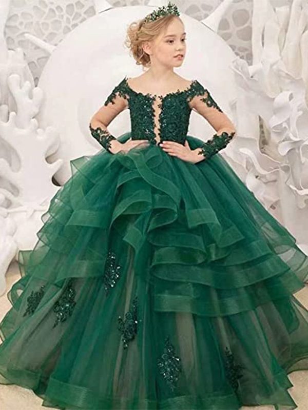 Girls' Long-sleeved Lace Performance Birthday Princess Pettiskirt Tiered-Ruffle Long Dress