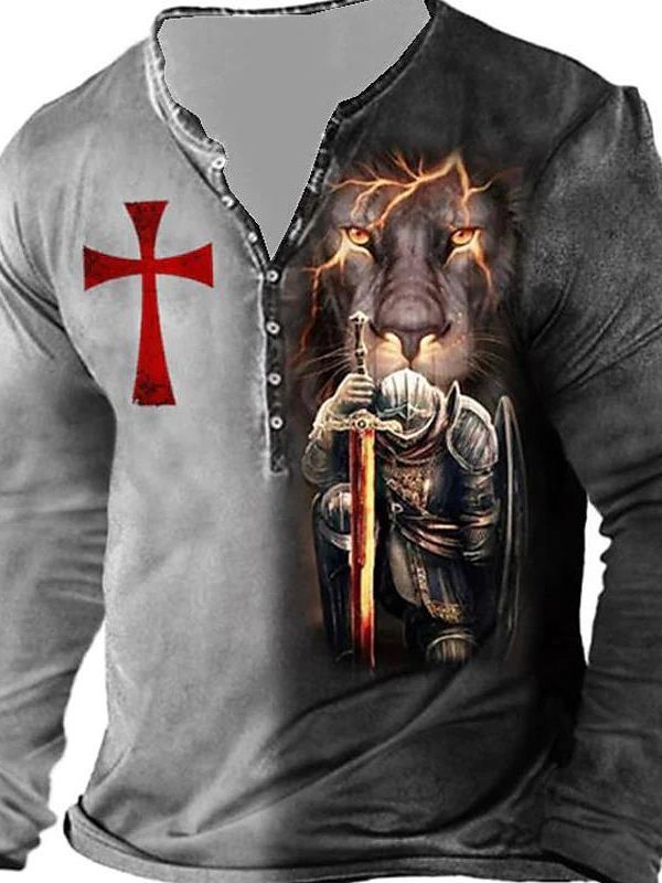 Open Placket Button Digital Printing Men's Long-sleeved T-shirt