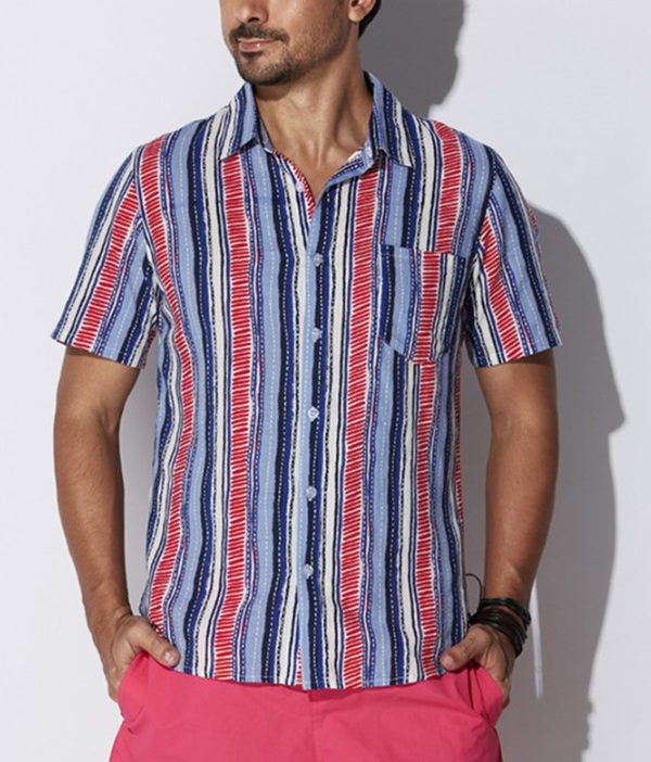 Men's Striped Short Sleeve Shirt Summer New Fashion Men's Lapel Shirt