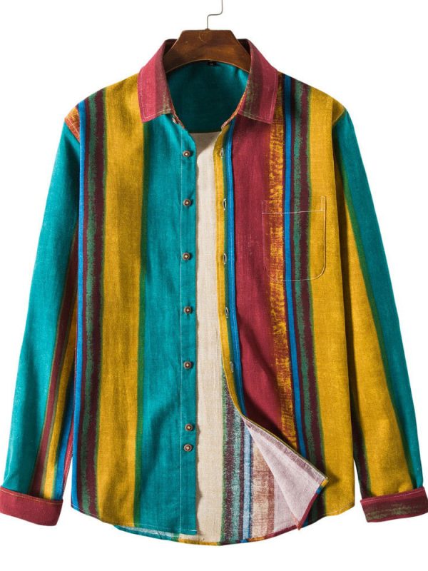 Men's Long Sleeve Colorful Striped Cotton Linen Shirt