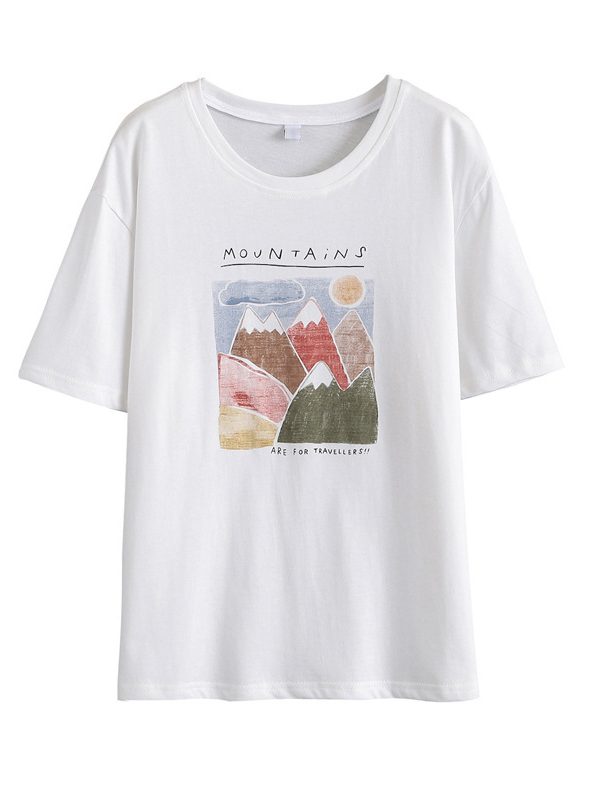 Literary print loose wild short sleeve