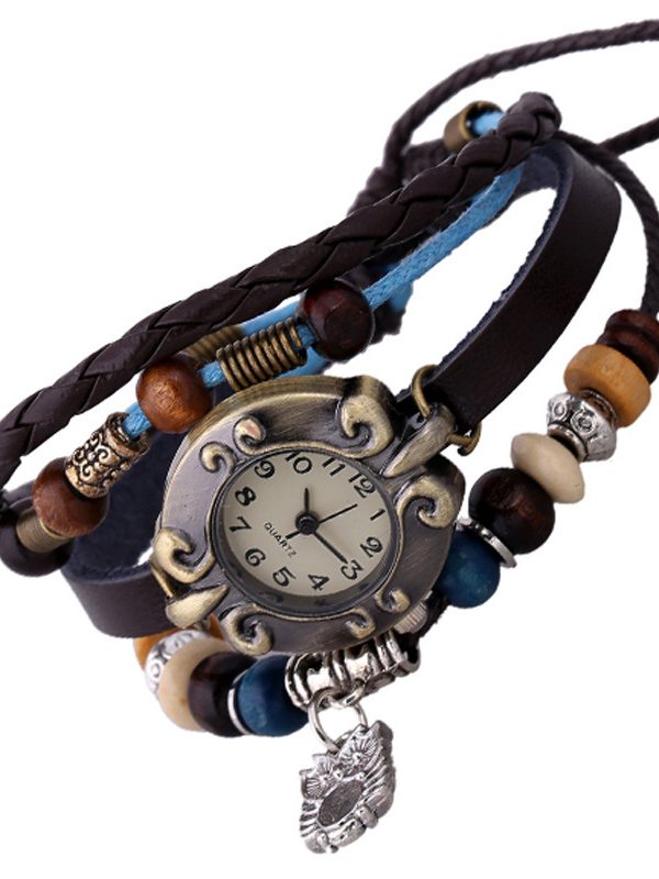 Women's Quartz Watch Elegant Beaded Fashion Leather Bracelet