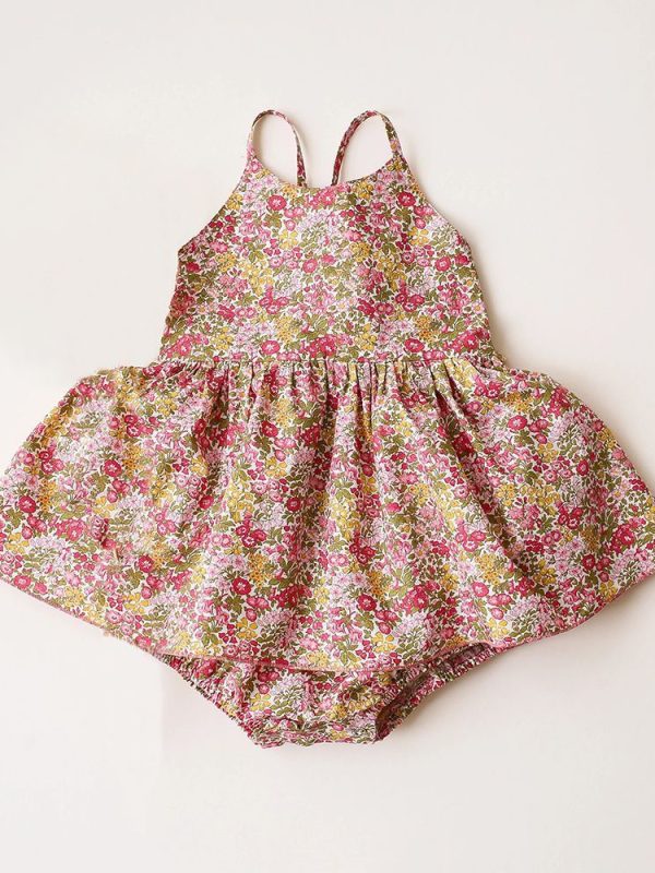 ملابس صيفية للأطفال رداء أطفال مزين بالزهور رداء أطفال بنمط Onesie بنطلونات ضيقة للفتيات بذلات للأطفال