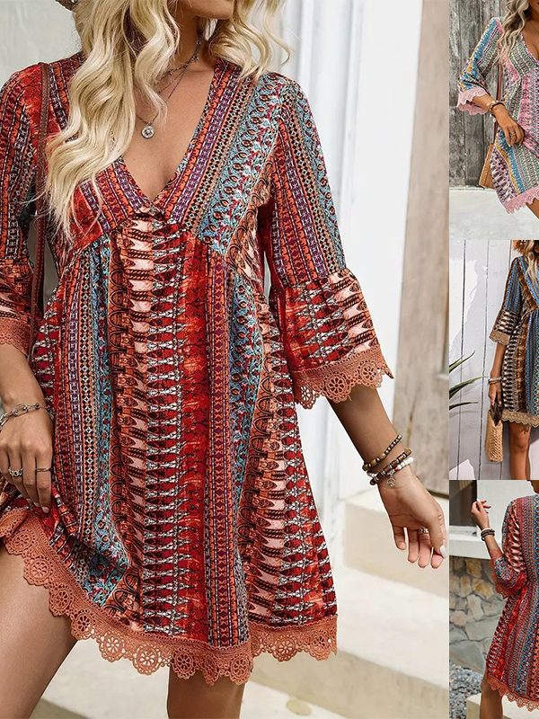 Bohemian Style V-neck Printed Dress Fashion Casual Loose Beach Dresses For Women